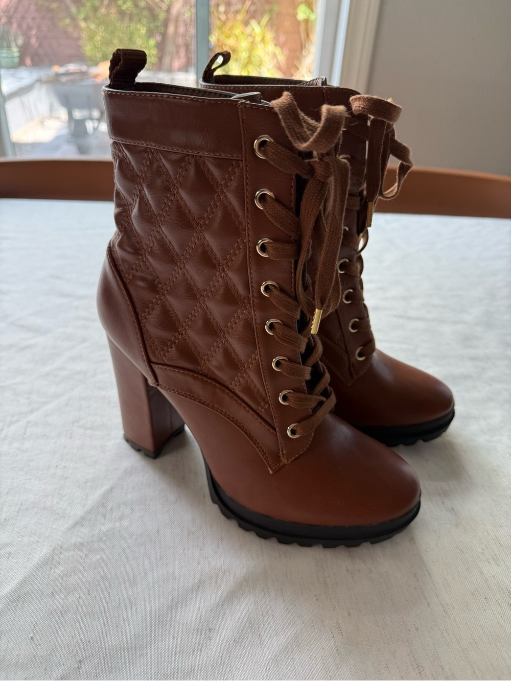 G by Guess Quilted Lace-Up High Heel Ankle Boots - Brown